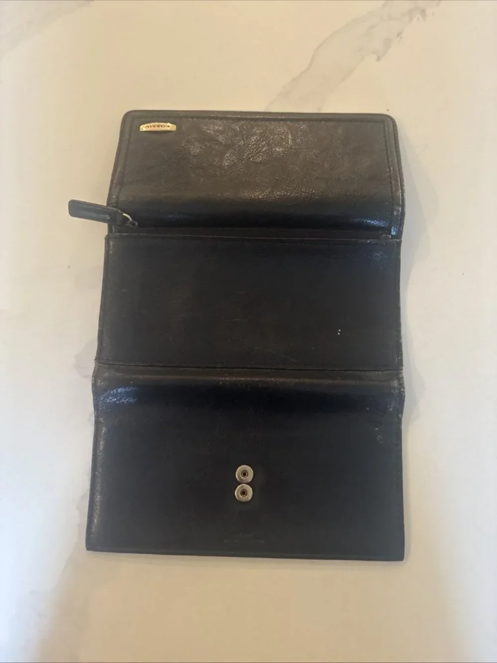 Fossil Black Genuine Leather Woman's Trifold Wallet With Outer Pocket